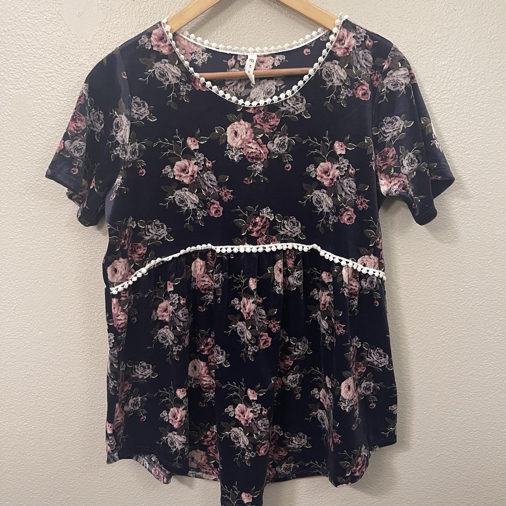 MTS Dark Romantic Floral Velvet Top Pom Pom Trim Whimsygoth Cottage Sz M